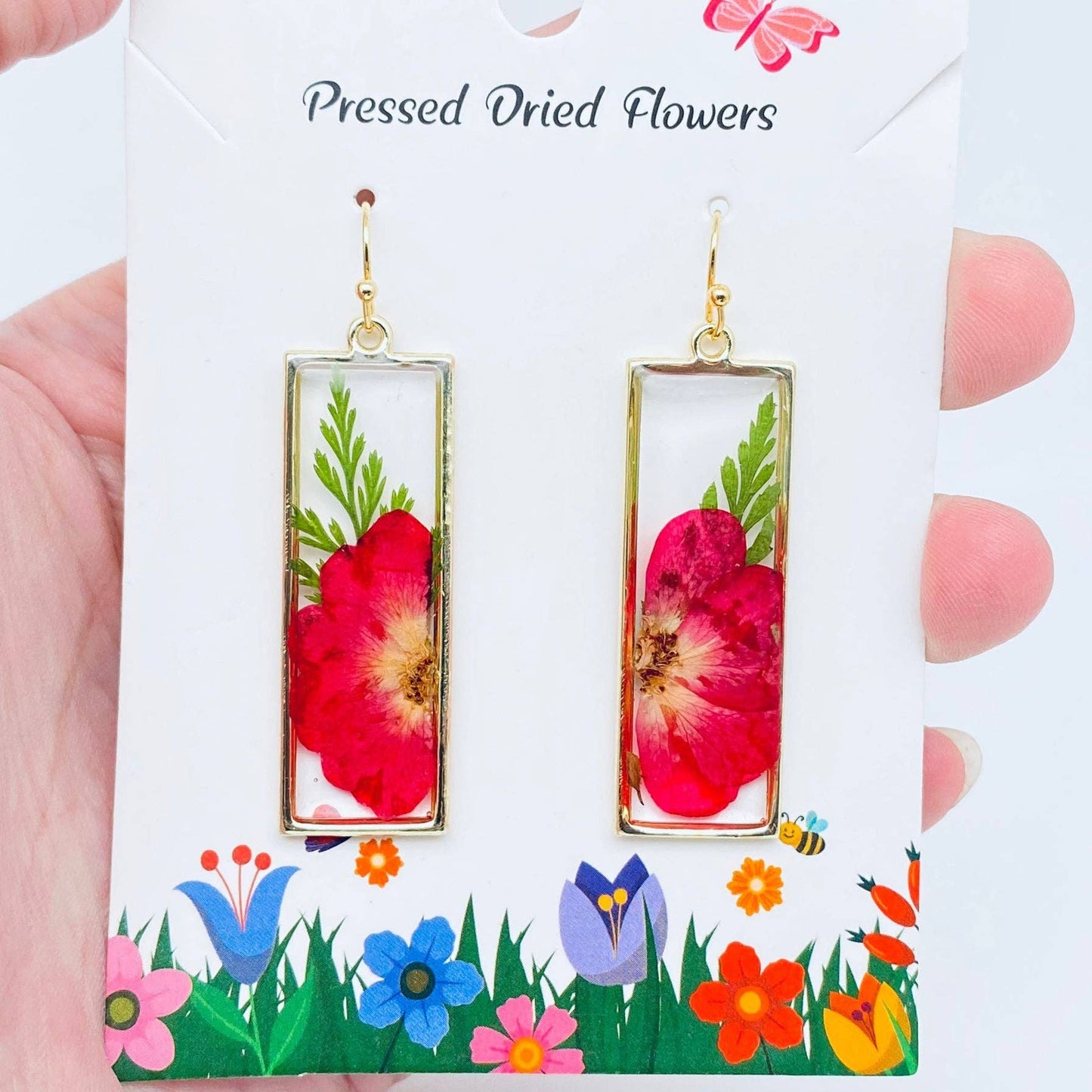 Boucles d'oreilles rectangulaires à fleurs séchées authentiques Rose