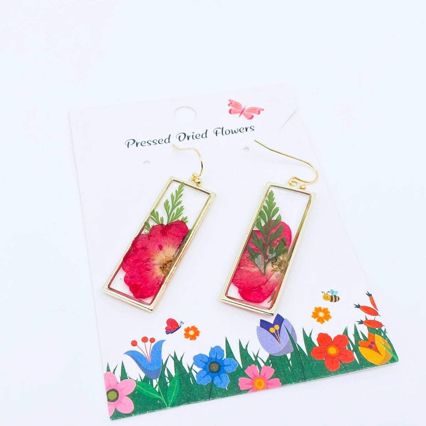 Boucles d'oreilles rectangulaires à fleurs séchées authentiques Rose