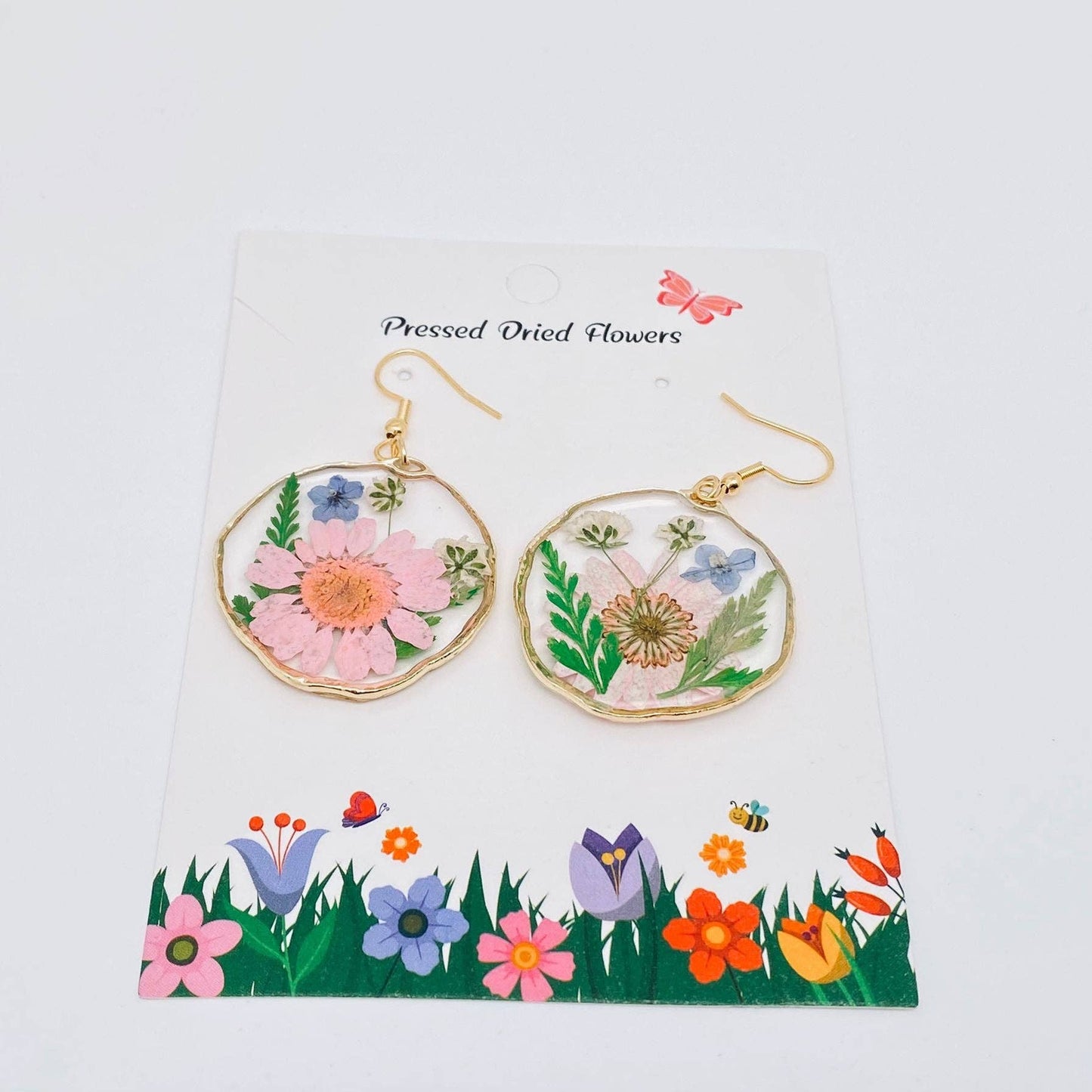 Boucle d'oreille à pendentif géométrique floral en véritables fleurs séchées