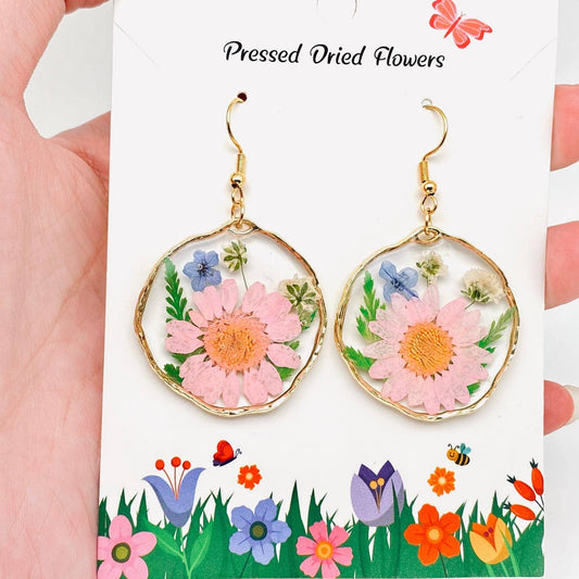 Boucle d'oreille à pendentif géométrique floral en véritables fleurs séchées