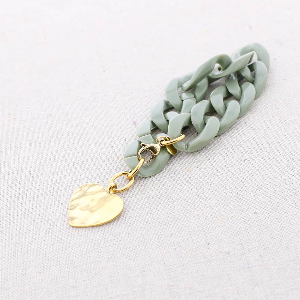 Bracelet à maillons en résine avec pendentif en forme de cœur en acier: Vert