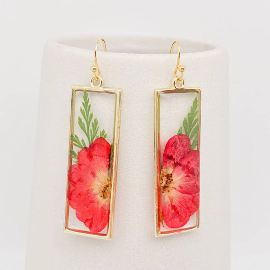 Boucles d'oreilles rectangulaires à fleurs séchées authentiques Rose