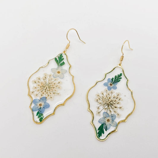 Boucles d'oreilles pendantes géométriques à fleurs séchées à base de plantes pressées