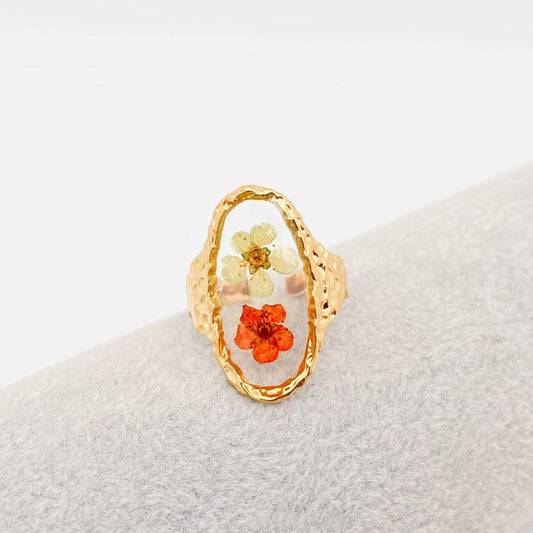 Bague florale en acier inoxydable plaqué or 18 caratsOvale - 2 fleurs