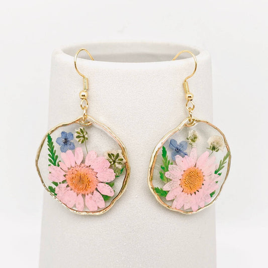 Boucle d'oreille à pendentif géométrique floral en véritables fleurs séchées