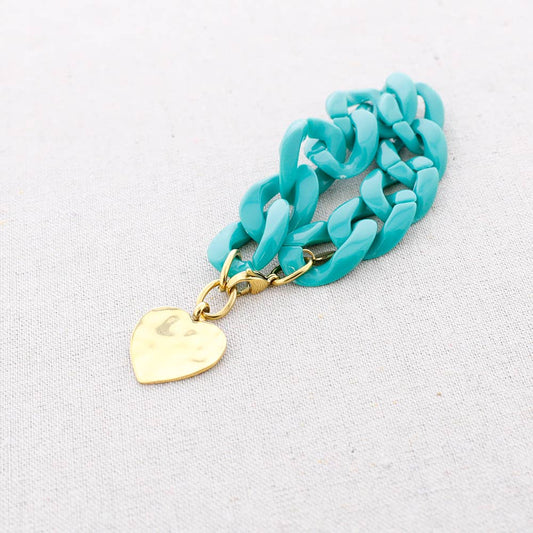 Bracelet à maillons en résine avec pendentif en forme de cœur en acier: Turquoise