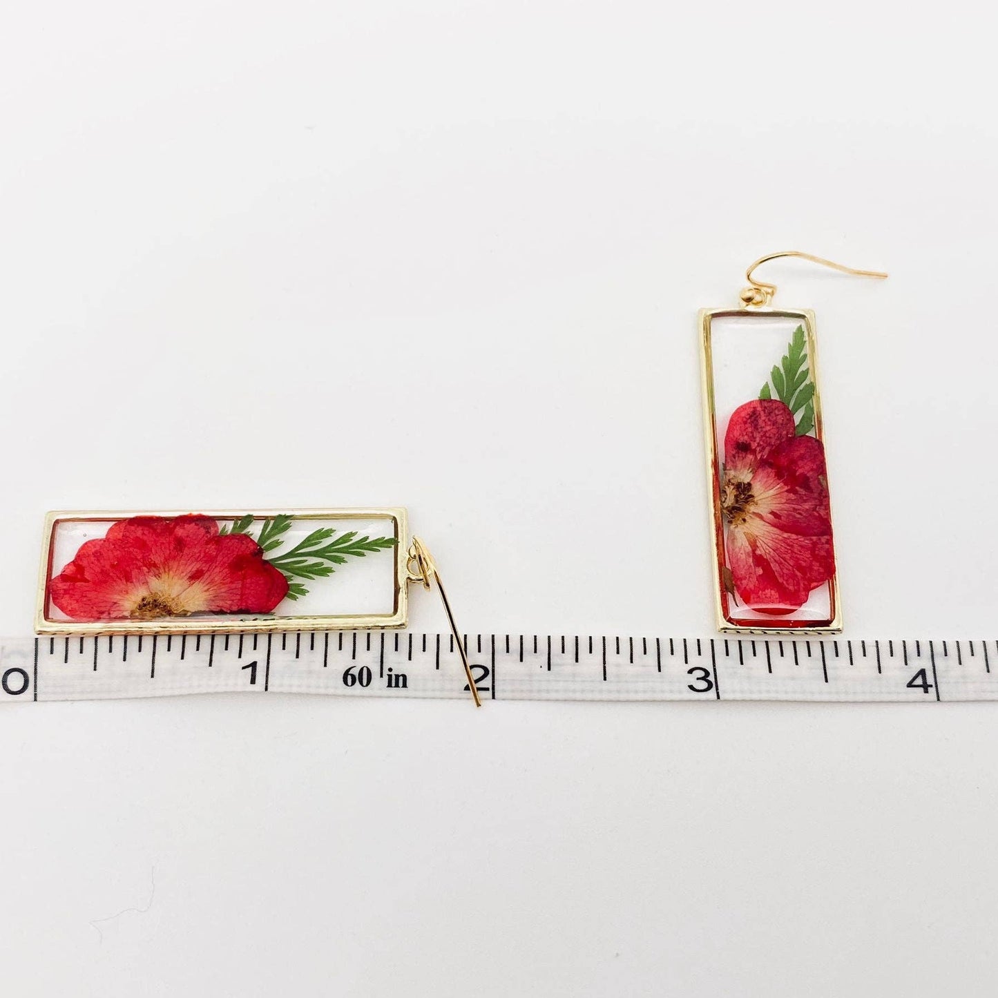 Boucles d'oreilles rectangulaires à fleurs séchées authentiques Rose