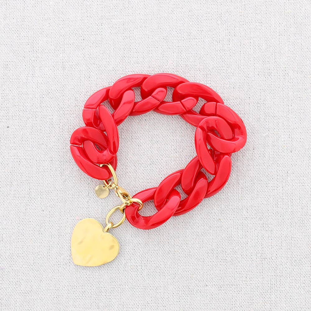 Bracelet à maillons en résine avec pendentif en forme de cœur en acier: Rouge