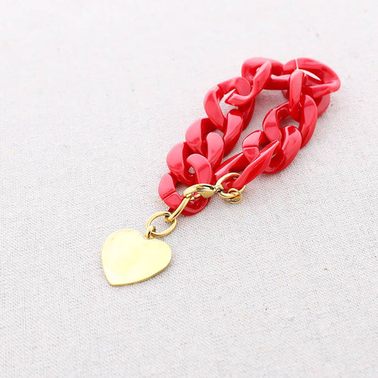 Bracelet à maillons en résine avec pendentif en forme de cœur en acier: Rouge