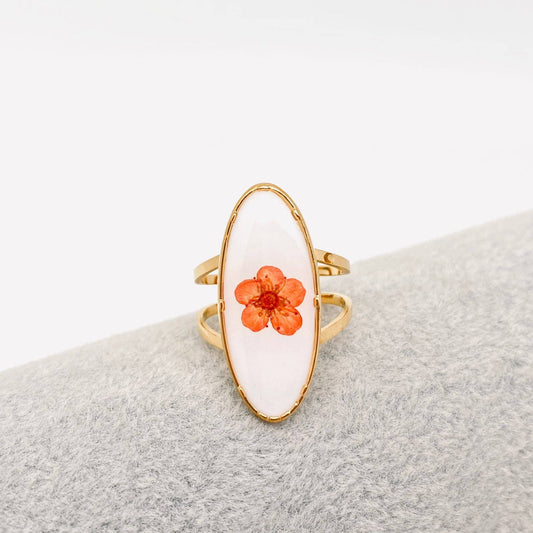 Bague florale en acier inoxydable plaqué or 18 carats: Ovale - Blanc