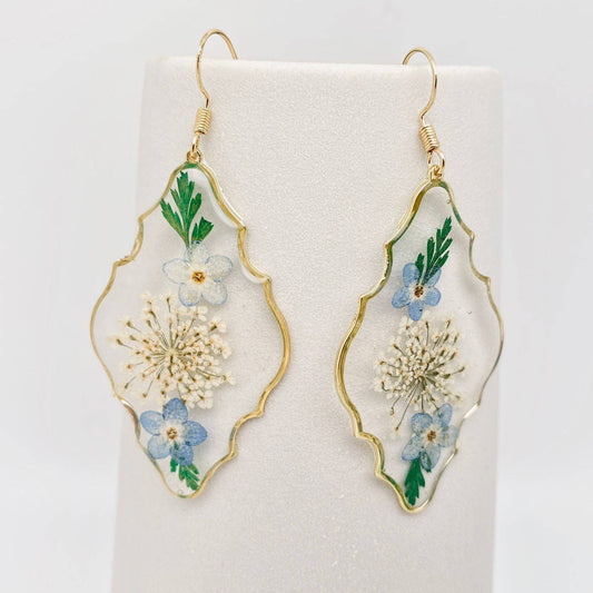 Boucles d'oreilles pendantes géométriques à fleurs séchées à base de plantes pressées